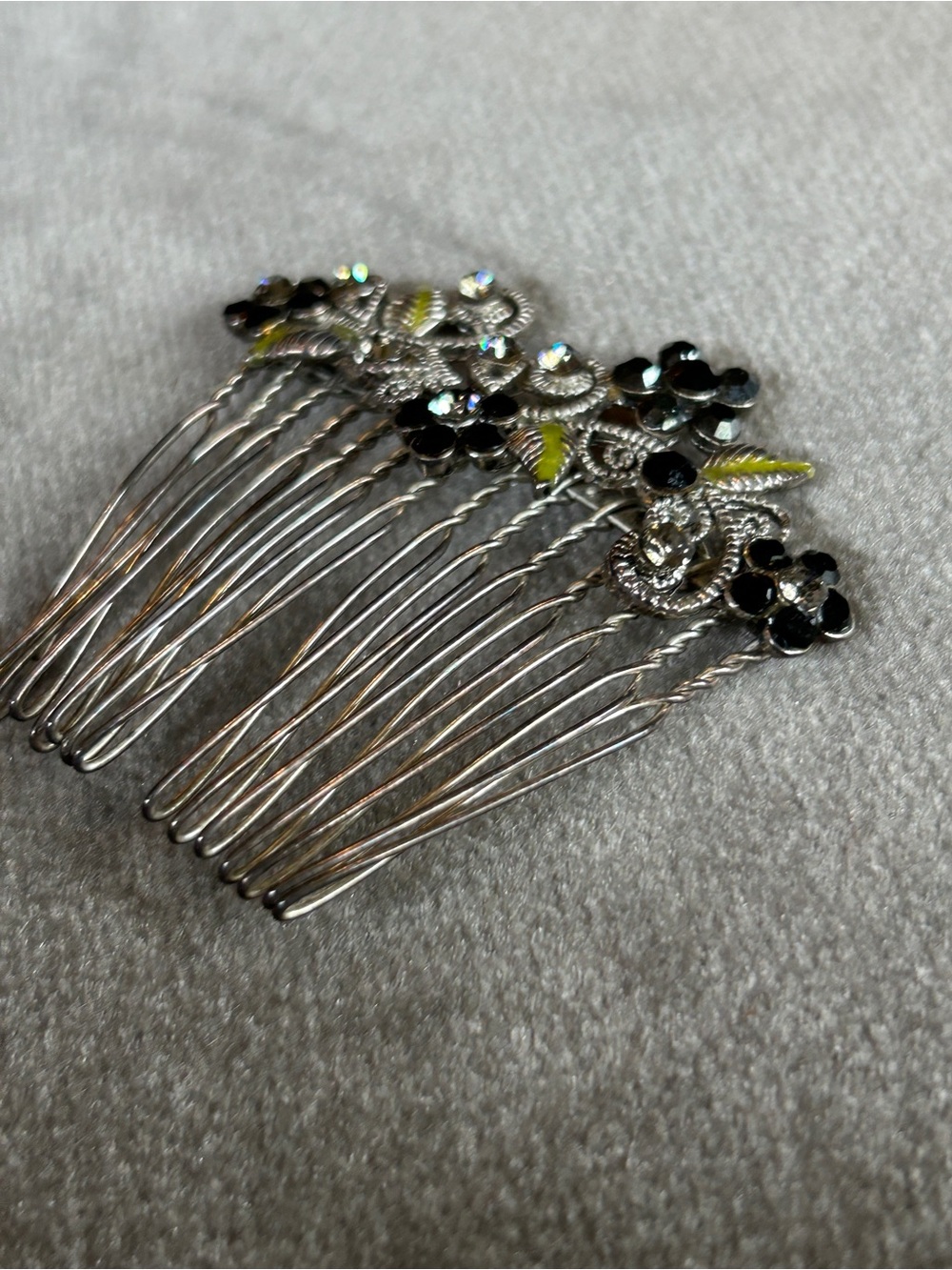 Silver Floral Rhinestone Hair Comb with Black Accents